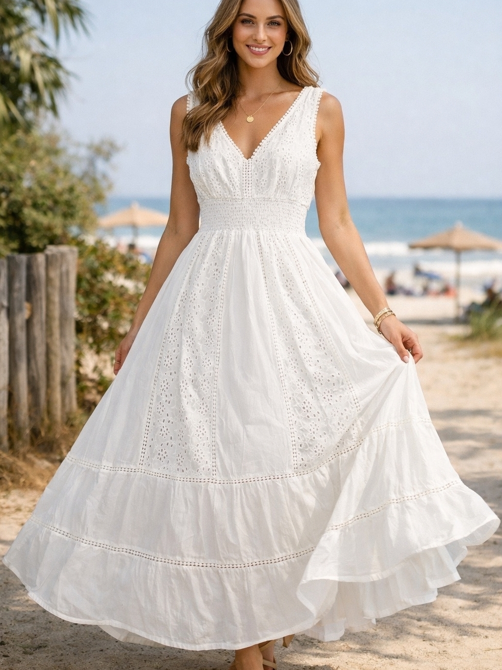 Magic White Eyelet V-Neck Maxi Dress